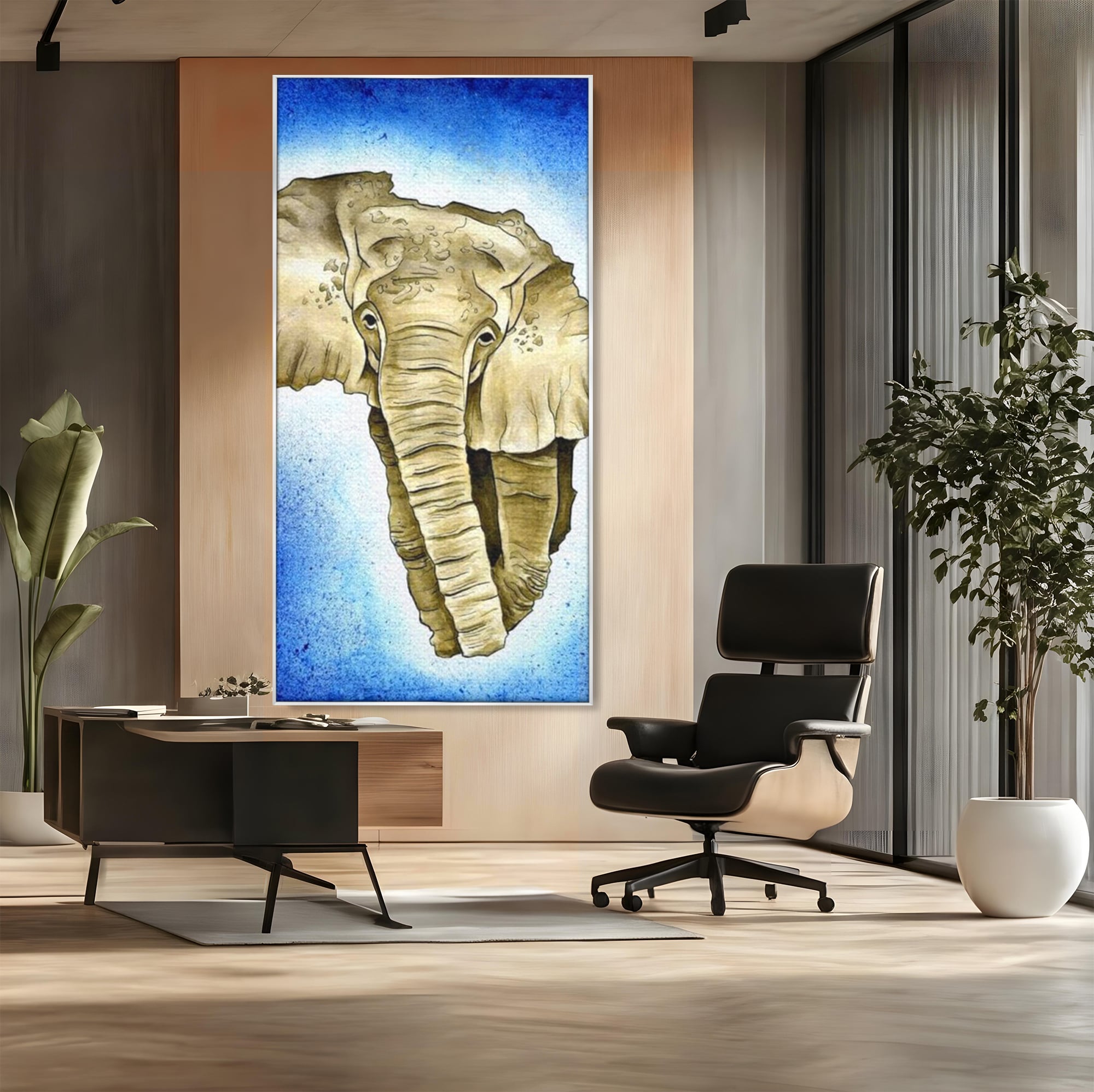 Tablou canvas cu tablou canvas cu cap de elefant, in rama de aluminiu argintiu, pe perete intr-un birou